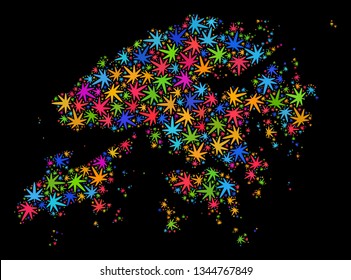 Bright vector marijuana Hong Kong map collage on a black background. Concept with colored weed leaves for cannabis legalize campaign. Vector Hong Kong map is formed with weed leaves.