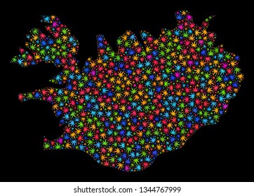 Bright vector marijuana Iceland map mosaic on a black background. Concept with multi-colored herbal leaves for marijuana legalize campaign. Vector Iceland map is organized with herbal leaves.