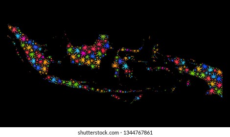 Bright vector marijuana Indonesia map mosaic on a black background. Concept with bright weed leaves for weed legalize campaign. Vector Indonesia map is formed of ganja leaves.