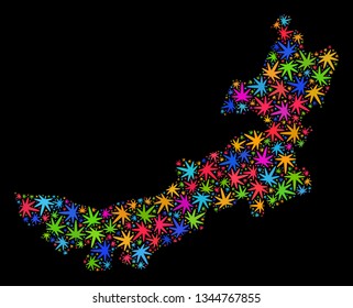Bright vector marijuana Inner Mongolia map collage on a black background. Template with colorful weed leaves for marijuana legalize campaign.