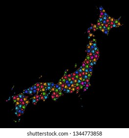 Bright vector marijuana Japan map mosaic on a black background. Concept with bright herbal leaves for cannabis legalize campaign. Vector Japan map is formed from cannabis leaves.