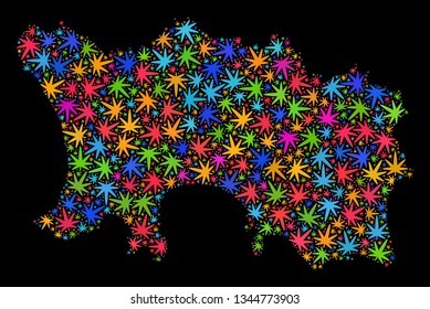 Bright vector marijuana Jersey Island map collage on a black background. Concept with bright weed leaves for marijuana legalize campaign. Vector Jersey Island map is organized with weed leaves.