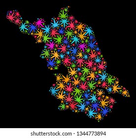 Bright vector marijuana Jiangsu Province map mosaic on a black background. Template with bright herbal leaves for weed legalize campaign. Vector Jiangsu Province map is formed with herbal leaves.