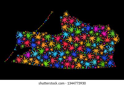 Bright vector marijuana Kalinigrad Region map mosaic on a black background. Template with colored weed leaves for weed legalize campaign. Vector Kalinigrad Region map is created from weed leaves.