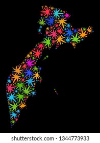 Bright vector marijuana Kamchatka map mosaic on a black background. Concept with bright weed leaves for weed legalize campaign. Vector Kamchatka map is constructed with cannabis leaves.