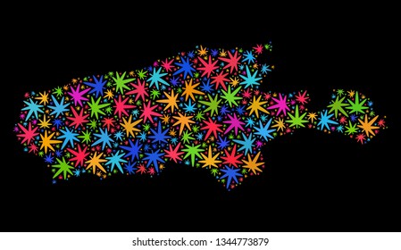 Bright vector marijuana Kangaroo Island map collage on a black background. Template with multi-colored herbal leaves for marijuana legalize campaign.