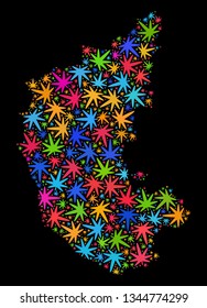 Bright vector marijuana Karnataka State map collage on a black background. Template with bright herbal leaves for weed legalize campaign. Vector Karnataka State map is composed with herbal leaves.