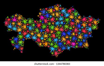Bright vector marijuana Kazakhstan map mosaic on a black background. Concept with colorful herbal leaves for cannabis legalize campaign. Vector Kazakhstan map is designed with herbal leaves.