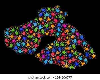 Bright vector marijuana Lesbos Island map collage on a black background. Concept with colorful weed leaves for marijuana legalize campaign. Vector Lesbos Island map is designed of weed leaves.