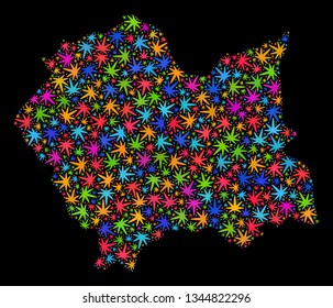 Bright vector marijuana Lesser Poland Voivodeship map mosaic on a black background. Template with colored weed leaves for marijuana legalize campaign.