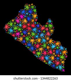 Bright vector marijuana Liberia map mosaic on a black background. Template with bright weed leaves for marijuana legalize campaign. Vector Liberia map is created with ganja leaves.