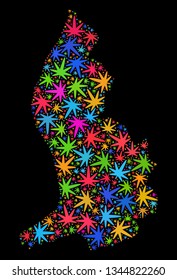 Bright vector marijuana Liechtenstein map collage on a black background. Template with colored herbal leaves for weed legalize campaign. Vector Liechtenstein map is designed with weed leaves.