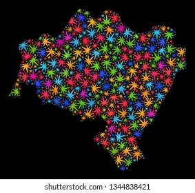 Bright vector marijuana Lower Silesia Province map collage on a black background. Concept with bright herbal leaves for cannabis legalize campaign.