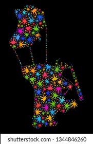 Bright vector marijuana Macau map mosaic on a black background. Template with bright herbal leaves for marijuana legalize campaign. Vector Macau map is composed from ganja leaves.