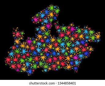 Bright vector marijuana Madhya Pradesh State map collage on a black background. Template with bright herbal leaves for marijuana legalize campaign.