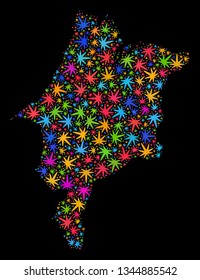 Bright vector marijuana Maranhao State map mosaic on a black background. Template with bright herbal leaves for marijuana legalize campaign.