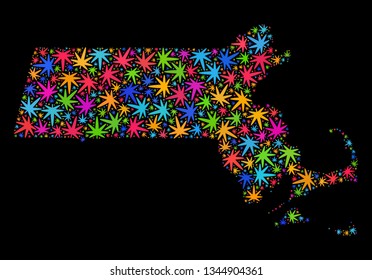 Bright vector marijuana Massachusetts State map mosaic on a black background. Concept with bright herbal leaves for marijuana legalize campaign.