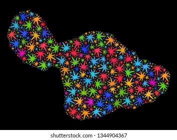 Bright vector marijuana Maui Island map mosaic on a black background. Concept with psychedelic weed leaves for weed legalize campaign. Vector Maui Island map is created with marijuana leaves.