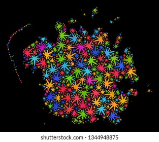 Bright vector marijuana Micronesia island map mosaic on a black background. Concept with bright weed leaves for cannabis legalize campaign. Vector Micronesia island map is composed with ganja leaves.