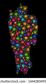 Bright vector marijuana Mizoram State map mosaic on a black background. Template with bright herbal leaves for marijuana legalize campaign. Vector Mizoram State map is organized with cannabis leaves.