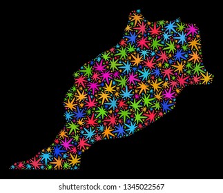 Bright vector marijuana Morocco map mosaic on a black background. Concept with colored weed leaves for marijuana legalize campaign. Vector Morocco map is composed with cannabis leaves.