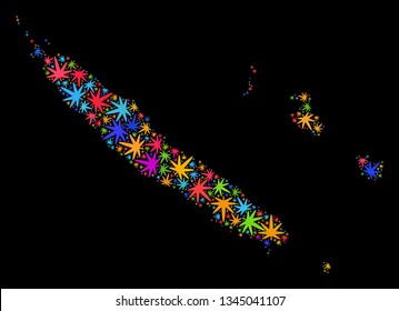 Bright vector marijuana New Caledonia Islands map mosaic on a black background. Concept with multi-colored herbal leaves for marijuana legalize campaign.