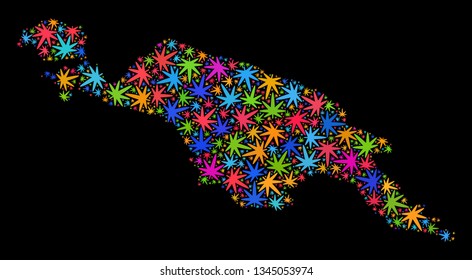 Bright vector marijuana New Guinea map mosaic on a black background. Concept with multi-colored weed leaves for weed legalize campaign. Vector New Guinea map is created with marijuana leaves.