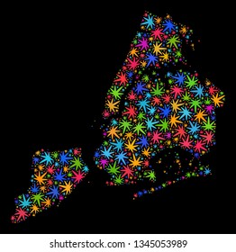 Bright vector marijuana New York City map mosaic on a black background. Concept with bright weed leaves for marijuana legalize campaign. Vector New York City map is organized from weed leaves.