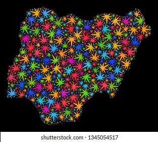 Bright vector marijuana Nigeria map mosaic on a black background. Template with multi-colored weed leaves for weed legalize campaign. Vector Nigeria map is constructed with ganja leaves.