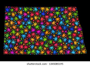 Bright vector marijuana North Dakota State map collage on a black background. Template with bright weed leaves for weed legalize campaign. Vector North Dakota State map is formed from weed leaves.