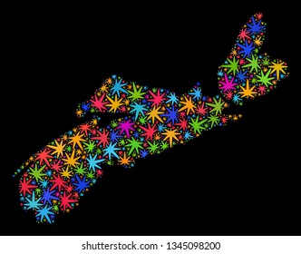 Bright vector marijuana Nova Scotia Province map collage on a black background. Concept with bright herbal leaves for hemp legalize campaign.