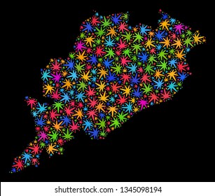 Bright vector marijuana Odisha State map mosaic on a black background. Template with bright weed leaves for marijuana legalize campaign. Vector Odisha State map is composed of marijuana leaves.