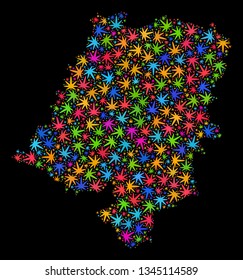 Bright vector marijuana Opole Voivodeship map mosaic on a black background. Concept with bright weed leaves for weed legalize campaign. Vector Opole Voivodeship map is created from marijuana leaves.