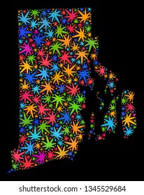 Bright vector marijuana Rhode Island State map mosaic on a black background. Concept with bright weed leaves for marijuana legalize campaign.