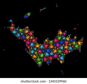 Bright vector marijuana Saint Barthelemy map collage on a black background. Concept with bright herbal leaves for cannabis legalize campaign. Vector Saint Barthelemy map is formed with herbal leaves.