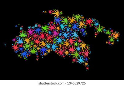 Bright vector marijuana Saint John Island map collage on a black background. Template with colored weed leaves for marijuana legalize campaign.
