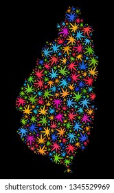 Bright vector marijuana Saint Lucia Island map mosaic on a black background. Concept with psychedelic herbal leaves for hemp legalize campaign.