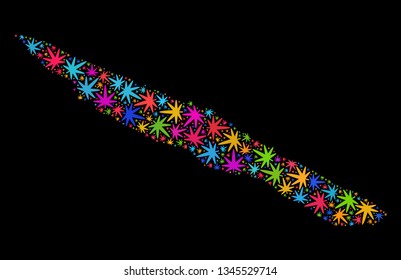 Bright vector marijuana Sao Jorge Island map collage on a black background. Template with bright weed leaves for weed legalize campaign. Vector Sao Jorge Island map is formed of weed leaves.