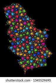 Bright vector marijuana Serbia map collage on a black background. Concept with bright herbal leaves for marijuana legalize campaign. Vector Serbia map is composed from herbal leaves.