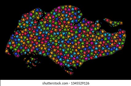 Bright vector marijuana Singapore map collage on a black background. Concept with bright weed leaves for weed legalize campaign. Vector Singapore map is designed of marijuana leaves.