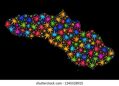 Bright vector marijuana Sumba Island map collage on a black background. Concept with bright weed leaves for marijuana legalize campaign. Vector Sumba Island map is composed from cannabis leaves.