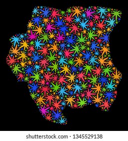 Bright vector marijuana Suriname map collage on a black background. Template with bright weed leaves for marijuana legalize campaign. Vector Suriname map is formed with cannabis leaves.