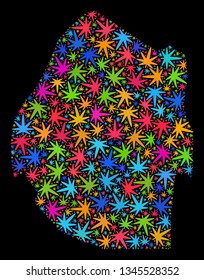 Bright vector marijuana Swaziland map collage on a black background. Concept with bright herbal leaves for marijuana legalize campaign. Vector Swaziland map is designed with marijuana leaves.