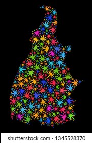 Bright vector marijuana Tocantins State map collage on a black background. Template with bright weed leaves for marijuana legalize campaign.