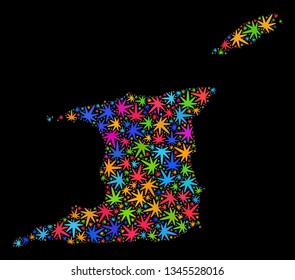 Bright vector marijuana Trinidad and Tobago map mosaic on a black background. Template with bright herbal leaves for marijuana legalize campaign.