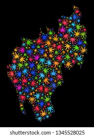 Bright vector marijuana Tripura State map mosaic on a black background. Template with bright herbal leaves for marijuana legalize campaign. Vector Tripura State map is formed with marijuana leaves.