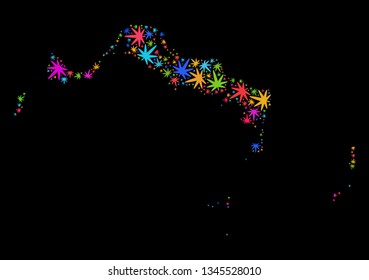 Bright vector marijuana Turks and Caicos Islands map collage on a black background. Template with bright herbal leaves for marijuana legalize campaign.