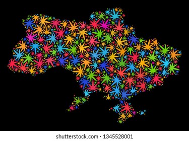 Bright vector marijuana Ukraine map mosaic on a black background. Template with psychedelic weed leaves for weed legalize campaign. Vector Ukraine map is composed with marijuana leaves.