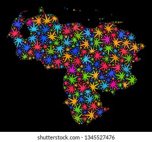 Bright vector marijuana Venezuela map collage on a black background. Template with bright weed leaves for weed legalize campaign. Vector Venezuela map is organized from ganja leaves.