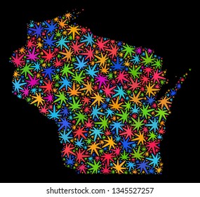 Bright vector marijuana Wisconsin State map mosaic on a black background. Concept with colorful herbal leaves for cannabis legalize campaign.